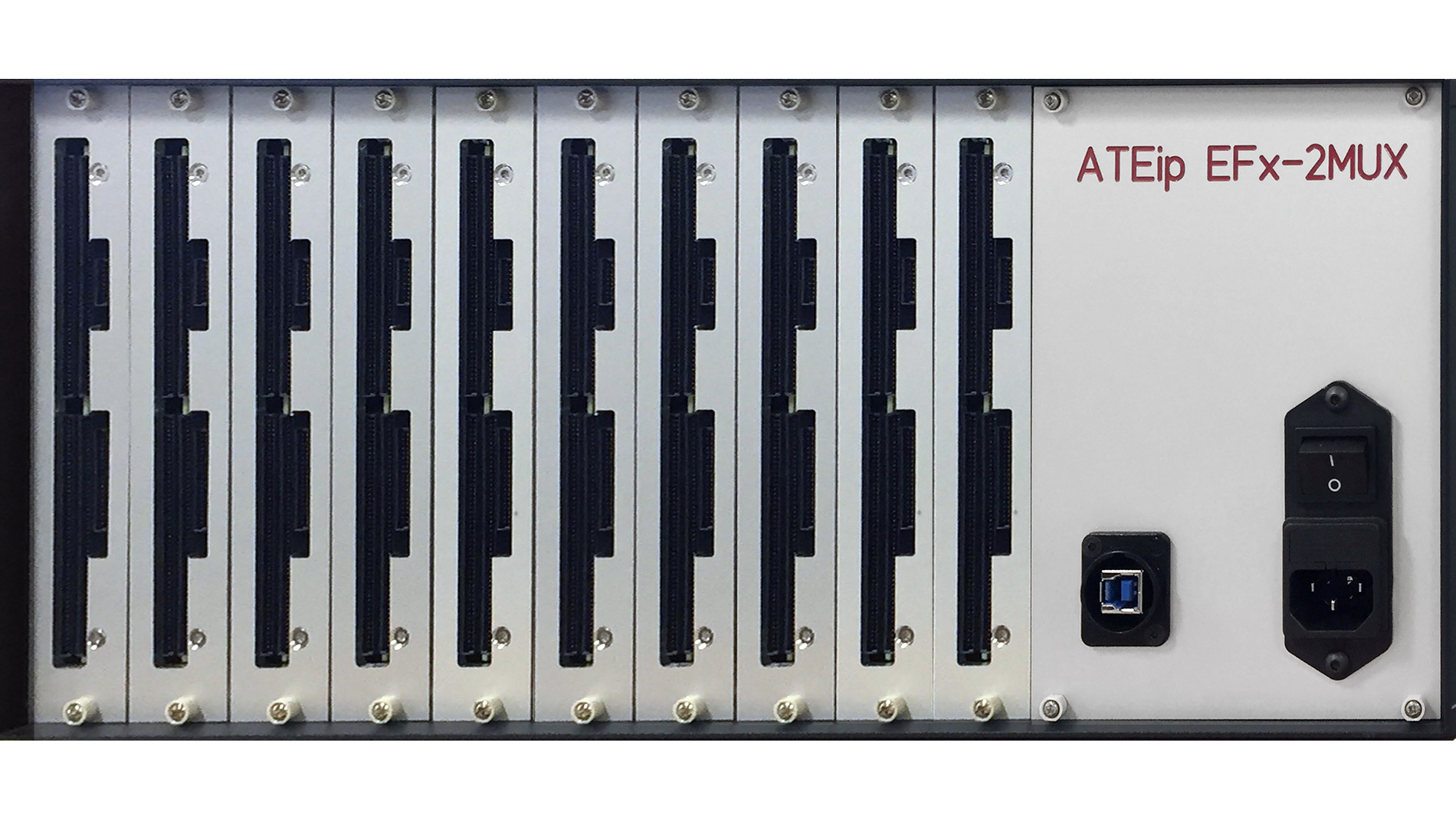 Bild 1:Ein 19" Einschub mit 1000 Testkanälen, 100 Testsysteme (400 Interfacekontakte) über 40 Drahtbus gemultiplext (Bild: ATEip GmbH)