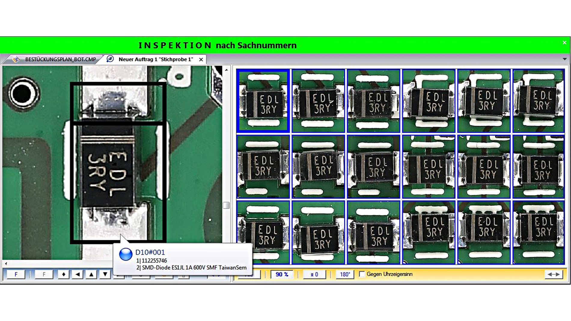 Figure 3: Inspection grouped by part number - All components of a part number are displayed and evaluated together. The image sections of the components are rotated to zero degrees for easy evaluation (Figure: LEBERT Software Engineering)