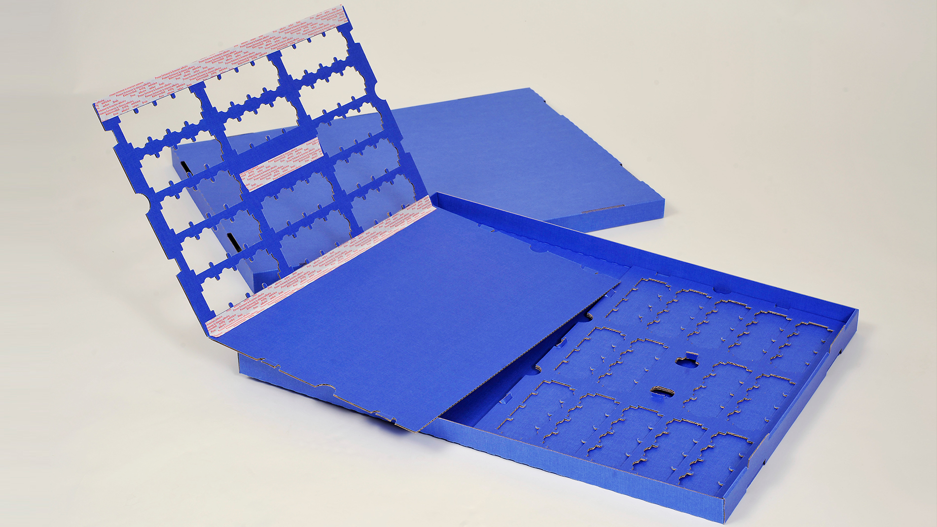 Bild 1: Individuell anpassbar: In den Scharnierplatten mit Hakenfixierung oder Streifenklebung werden flache Baugruppen diverser Formate eingesetzt.  (Bild: Straub-Verpackungen GmbH)